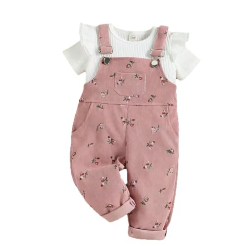 Image of QUNERY Baby Girls Clothes Rib Knit Long Sleeve Tops Floral Suspender Pants with Pocket Outfits sets short sleeve pink 6-12 months