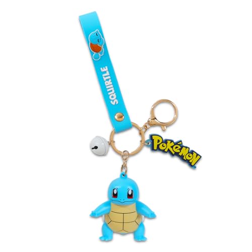 Image of Nintendo Squirtle Keychain Bundle ~ Deluxe Silicone 3D Character Figure Keyring with Strap, Charm, and Bell Plus Pokemon Cards, More | Pokemon Squirtle Key Ring for Backpack