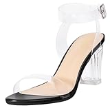 ZriEy Women's Black Clear Heels Chunky Block Mid High Heeled Sandals Open Toe Transparent Ankle Strap Dress Pump Shoes Size 10 for Women in Daily Wear Party Wedding