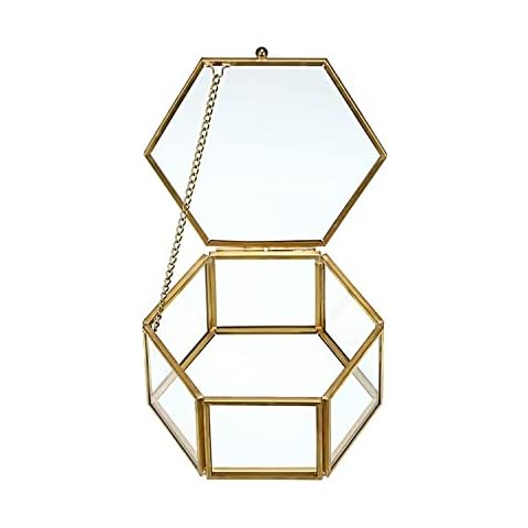 DRERIO Glass Jewelry Box Small Jewelry Decorative Box Clear Jewelry Display Box Trinket Storage Holder Hexagon Ring Case Jewellery Organizer Golden for Trinkets Earrings Rings Cover