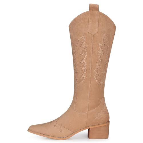 Image of SHIBEVER Suede Knee High Cowboy Boots for Women Comfortable Tall Cowgirl Boots Zipper Low Heel Fall Winter Western Booties