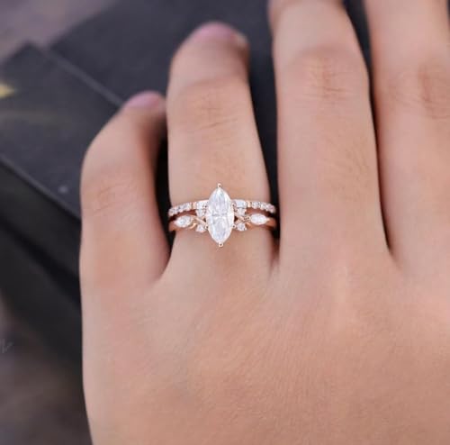 Generic Marquise cut Moissanite engagement ring set Unique Rose gold Baguette cut gemstone wedding band Bridal ring set Anniversary ring for her, Colourless3