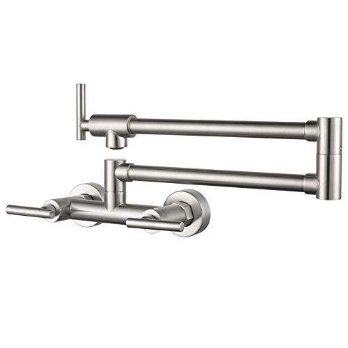WOWOW Pot Filler Faucet Wall Mount Brushed Nickel Commercial Kitchen Sink Faucets for Both Hot and Cold Water Solid Brass Folding Faucet with Double Joint Swing Arm Style A-for Hot and Cold