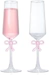 Champagne Glasses Set of 2, 8oz Elegant Crystal Stemmed Champagne Flutes with Pink Bow for Prosecco, Sparkling Wine, Mimosas, Cocktails, Weddings, Anniversaries, Parties