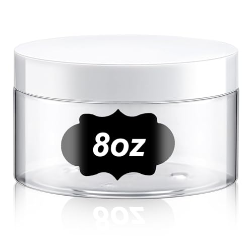 Dandat 1 Pcs 8 oz Plastic Jar Container with White Lid and Label Refillable Empty Round Clear PET Cosmetic Sample Slime Container for Lotion, Cream, Ointment, Body Butter, Makeup, Travel