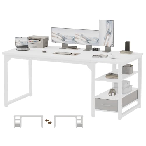 Image of Mericonia 63 in Computer Desk with Drawer, 1 inch Thick Reversible Office Desk | Large Modern Writing Table with Storage Shelves, Heavy Duty Industrial Executive Desk for Home Bedroom Study Work