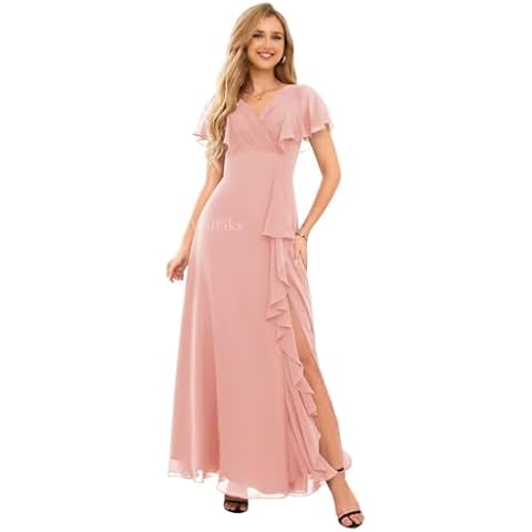WilFiks Flowly Chiffon Pleated Junior Blush Pink Bridesmaid Dress 2024 Ruffle Sleeves V Neck Slit A-Line Long Formal Wedding Guest Outfit for Women US4 Cover