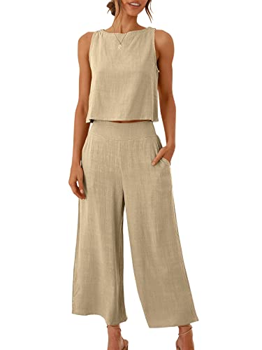 ANRABESS Women's Summer 2 Piece Outfits Sleeveless Crop Top Capri Wide Leg Pants Jumpsuit Casual Linen Lounge Matching Sets Beach Travel 2026 Trendy Clothes Apricot Small