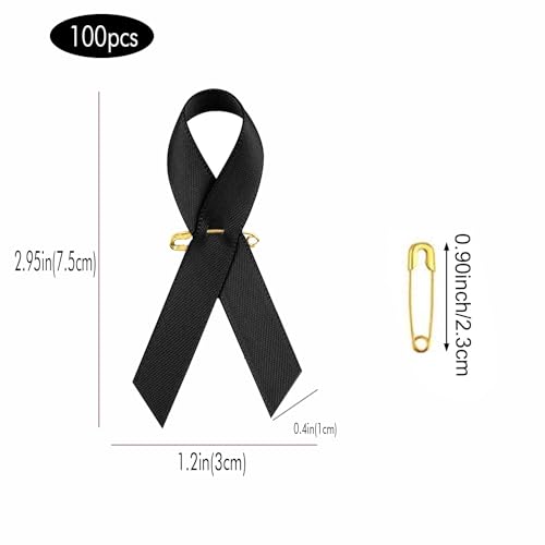 Image of 100pcs Black Ribbon Awareness Satin Pins Melanoma Cancer Skin Cancer Sleeping Disorders Awareness Pins Black Brooch with Safety Pins Funeral Ribbon Gifts for Mourning Remembrance Day