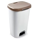Capacidad: 50 litros, Fabricado en plástico de color blanco y marrón topo, Apertura con pedal, Medidas aproximadas: 62 x 40 x 35 cm, Su gran capacidad te permitirá acumular una gran cantidad de basura