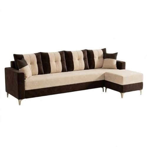 Image of Cavishq 5 Seater L Shape Sofa Set with Movable Ottoman | Flexible Layout | Luxury Velvet Suede Fabric | Modern Living Room Sofa | Dark Brown-Cream