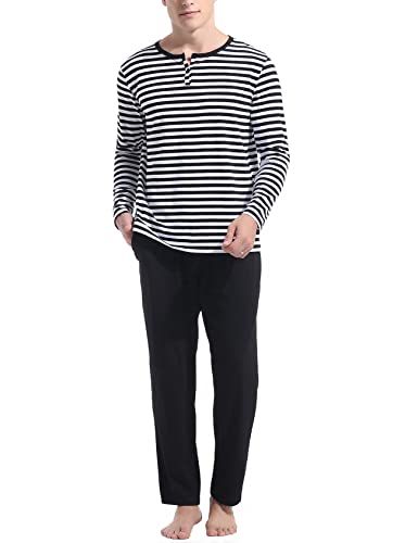 Nieery Schlafanzug Herren Lang Pyjama Set Winter Baumwolle Zweiteiliger Karierte Nachtwäsche für Männer Langarm Rundhals Hausanzug mit Tasche Schwarz XL Stil B Cover