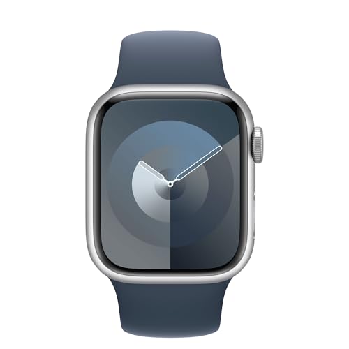 Image of Apple Watch Series 9 [GPS + Cellular 41mm] Silver Aluminum Case with Storm Blue Sport Band, S /M (Renewed Premium)