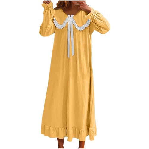 Womens Casual Nightgown Solid Color Long Sleeve Cute Nightdress Sleepwear Fashion Ruffle Hem Comfy Loungewear Yellow
