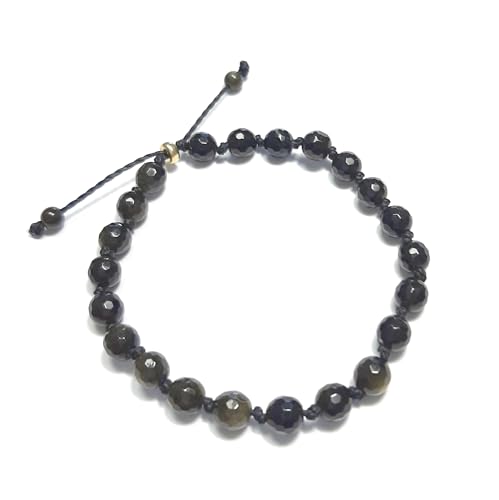 Bracelet obsidienne dorée perles 8mm cordon coulissant ajustable pour homme et femme