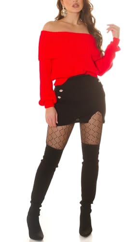 Koucla Off Shoulder Jersey de punto grueso, jersey de lana, cuello bardote con cuello vuelto, rojo, Tallaúnica