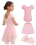 Mecceos Ballet Leotards with Skirt Tights Combo for Toddler Girls Dance Short Sleeve Leotard Ballerina Dresses Outfits (Ballet Pink, 8-10 Years, MEAM-321)