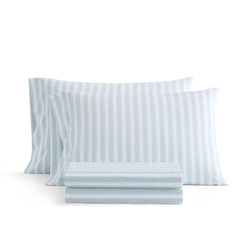 Image of Martha Stewart - King Size Sheet Set, Crisp & Tailored Sheets with a Smooth Cotton Percale Feel - Striped Bed Sheets with Matching Pillowcases & Fitted Sheet (Leaf Stripe Blue)