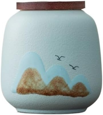 SONGCHAO Sugar Jar Yuanshan Tea Can Wooden Lid Ceramic Sealed Small Packaging Gift Portable Incense Powder Tea Canister(C)