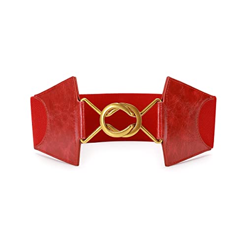 TEAMMAO Vintage Elástico Cinturón Moda Mujeres Ancho Cuero Cinturón Aleación Hebilla Gran Tamaño 70CM-180CM Vestido Abrigo Cinturón 6 cm de Ancho Irregular Leather Belt (Cintura:135-155CM, Rojo) Cover