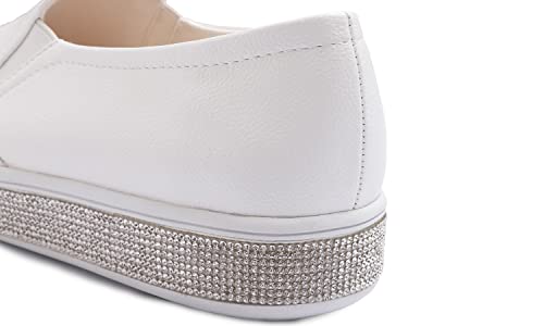 Image of FEVERSOLE Women's Fashion Slip-On Sneaker Casual Platform Loafers White Silver Rhinestone Shoes Size 8.5 M US