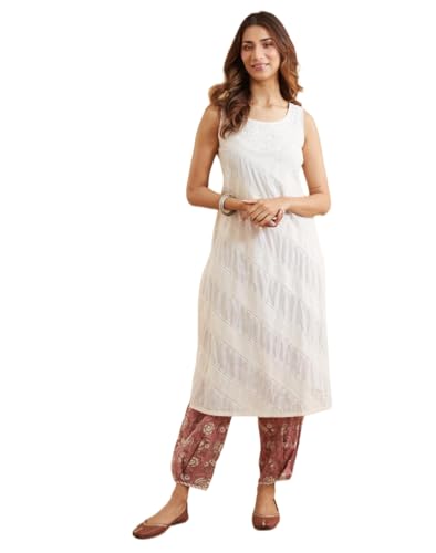 Kurta femme brodé blanc cassé Fabindia col rond tunique longue