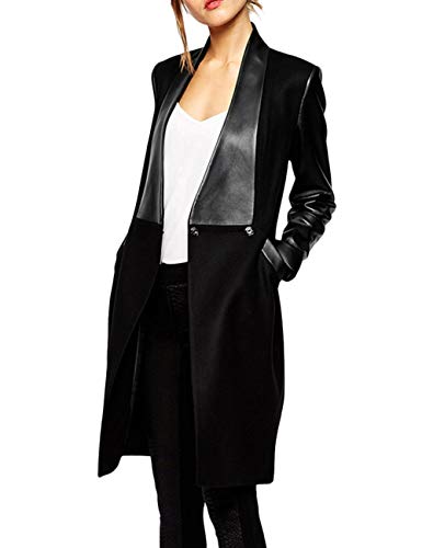 xxxiticat Women's Double Breasted Faux Leather PU Coat Patchwork Splice Lapel Panel Trench Woolen Jacket Cardigan