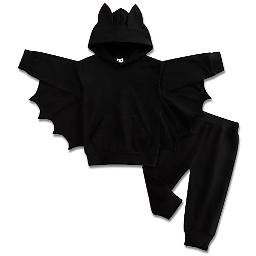 Ayzozuy Toddler Baby Boys Girls Halloween Bat Outfits Clothes Black Bat Hoodies with Pocket Coat Pant Set Fall Winter Clothes(3-4T)