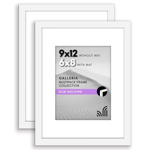 Americanflat 9x12 Picture Frame with Polished Plexiglass - Set of 2 - Use as 6x8 Frame with Mat or Display 9x12 Photo Without Mat - Galleria Collection - Picture Frames for Wall Display - White