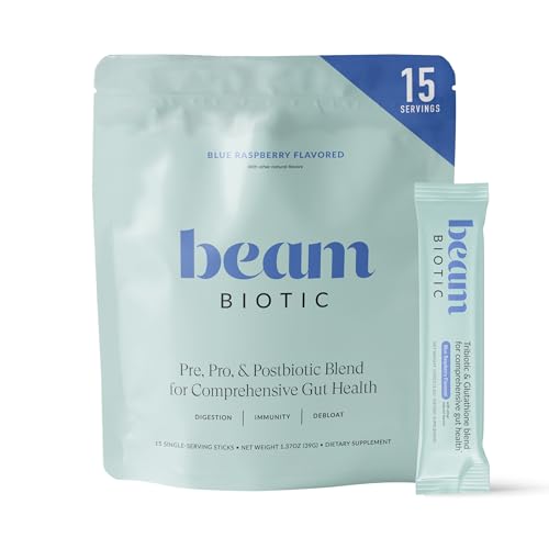 BEAM Biotic Probiotics for Women & Men Gut Health for Women & Men Digestive Health with Pre Pro & Postbiotics + Glutathione Daily Probiotic Drink for Bloating Relief Blue Raspberry 15 Servings
