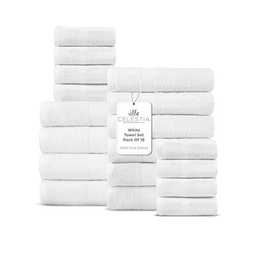 Image of 18-Piece 100% Cotton Towel Set, 4 Bath Towels, 6 Hand Towels, 8 Wash Cloth, Quick-Dry, White
