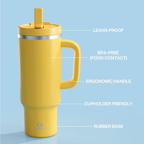 Image of ENCOOL 40 oz Tumbler with Handle and Straw: Stainless Steel Insulated Tumbler Keeps Cold for 24 Hours, Leakproof Travel Cup Fits in Cup Holder and BPA-Free,Elfin Yellow