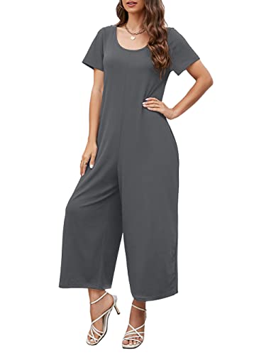 Qnasey Women's Summer Loose Crewneck Short Sleeve Jumpsuits Casual Long Leg Pant Romper With Pockets X-Large Gray #TOP2