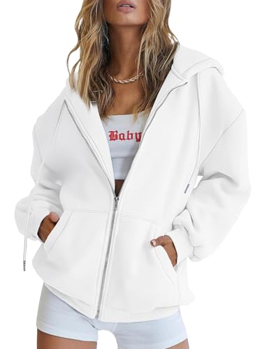 Trendy Queen Womens Zip Up Hoodies Oversized Sweatshirts Fall Fashion Outfits Sweaters Casual Jackets 2024 Winter Clothes White S
