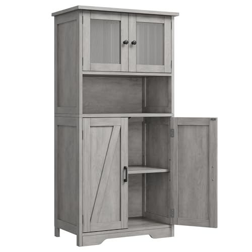 GarveeHome Alacena de Cocina con Puertas de Vidrio Templado – Estantes Ajustables – Gran Capacidad – para Cocina, baño, salón o Entrada – Gris, 60x30x128 cm