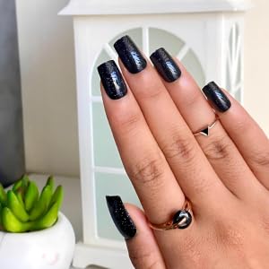 Image of Black Glitter Press On Nails | Glossy Square Fake Nails with Sparkle | Reusable Stick On Nails Kit with Glue, File & Prep Pad | Salon Finish Artificial Nails for Women
