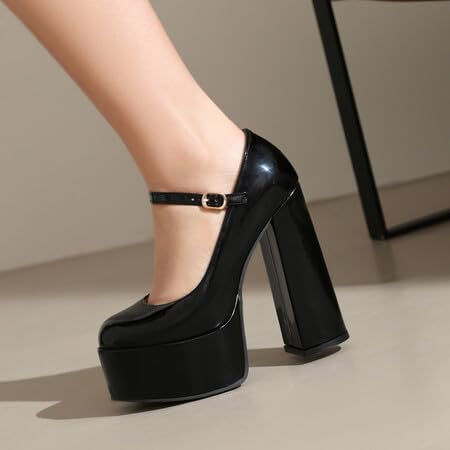 Women Ankle Strap Platform Pumps Glossy Patent Round Toe Chunky High Heels with Belt Buckles2