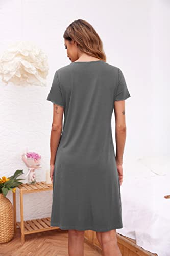 Image of Ekouaer Women's Nightshirt Short Sleeve Button Down Nightgown V-Neck Sleepwear Pajama Dress