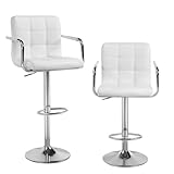 Cuban Bar Chairs with Armrest, Height Adjustable Synthetic Leather 360° Swivel Kitchen Stool with Backrest and Footrest for Breakfast Bar, Counter, Kitchen and Home (Set of 2 Stools, White)