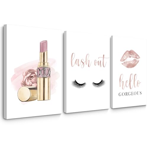 Makeup Wall Art Canvas Fashion Art Eyelash Pictures Wall Decor Lipstick Lips Lash Painting Decor Beauty Salon Wall Art Rose Gold Fashion Poster for Woman 12x16 Inch Framed