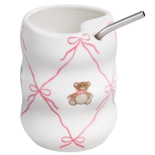 Taza de cerámica rosa con pajilla 12oz diseño oso miniatura 1