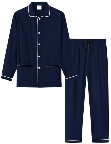 MoFiz Mens Pajama Set Soft Cotton Button Down Notched Collar Pjs Long Sleeve 2 Piece Sleepwear Lounge Nightwear with Pocket2