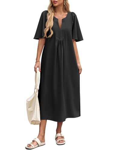 Image of Wenrine Womens Casual Maxi Dress Short Sleeve Loose Flowy Summer Dresses | flutter sleeve, v neck, loose fit, slit, long summer dress, beach, vacation