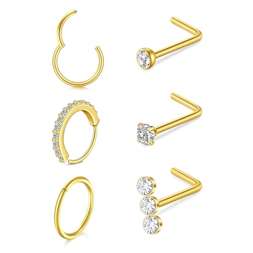LAURITAMI 6 Pièces 20G Kit Piercing Nez Or Acier Inoxydable Percing Septum Anneaux 8mm, Piercing Nez Forme de L avec Zircone, Bijoux pour les Femmes et les Hommes