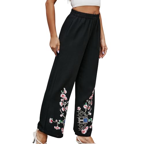 Women's Pants Casual,Floral Embroidered Wide Leg Pants for Women,High Waisted Pants for Women Long Loose Pants.3