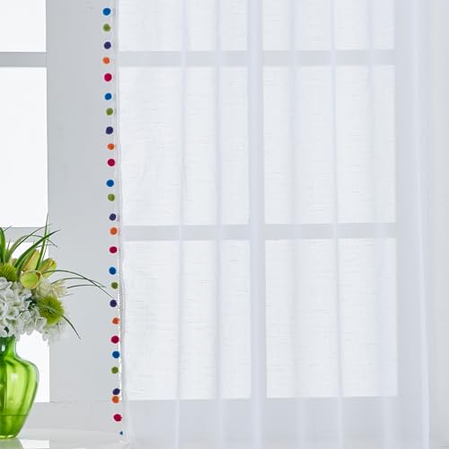 Treatmentex Boho-Gardinen ​​aus transparentem Voile, mit bunten Pompons und Quasten verziert, Ösenvorhang für Wohnzimmer Schlafzimmer​, Weiß, 140 x 225 cm, 2er-Set