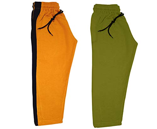 Image of indi weaves Kids Unisex Solid Fleece Warm Track Pants Winter Lower for Boys & Girls (Mehadi, Mustard, 2-3 Years) Pack of 2