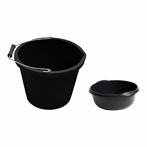 Set of - 14L Plastic Bucket with 5L Round Bowl | 3 Gallon Bucket with 28cm Plastic Bowl – Plaster Builder Bucket Tub Trug Horse Feeder with Washing Up Bowl Integral Handles Home- (BLACK)