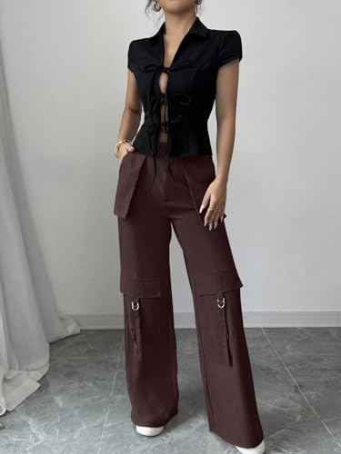 Image of Leriya Fashion Cargo Pants for Woman | Cargo Pants for Women Cotton Wide Leg Utility Fit Flap Pockets | Trousers Fors Women, Relaxed Fit Baggy Pant Airport Outfit for Womens Streetwear Attire