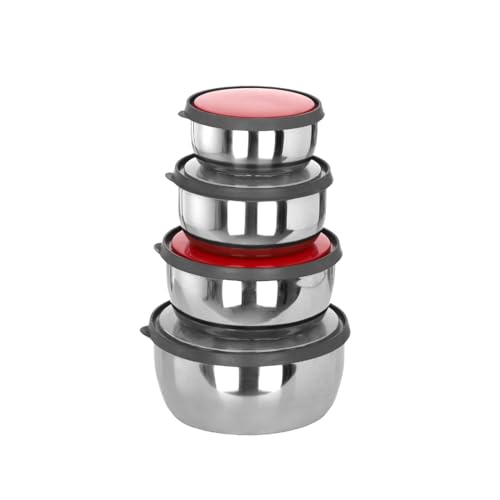 Image of Stainless Steel Food Storage Containers with Coloured Airtight Plastic Lids; Kitchen Lid Bowl Set; 4Pcs (350ml, 650ml, 950ml, 1250ml) (REGULAR PRINT)